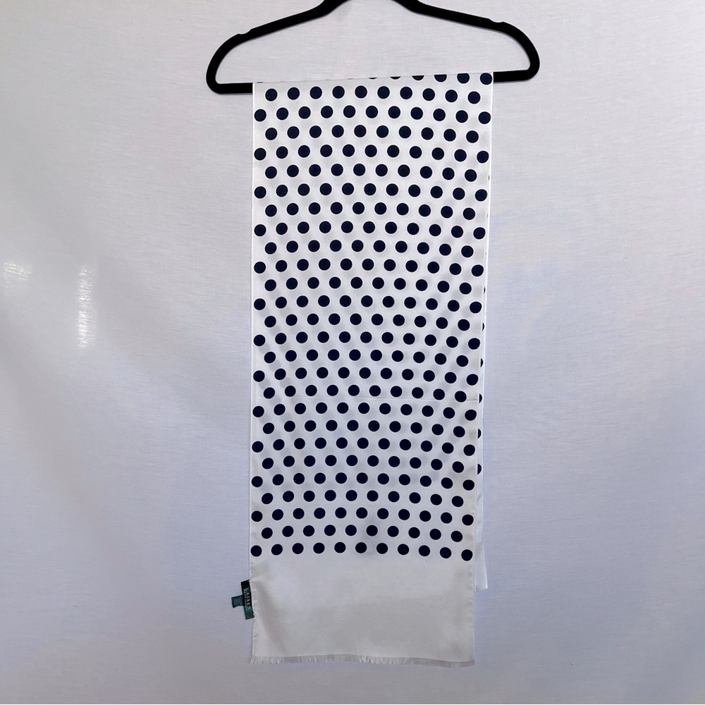 Lauren Ralph Lauren 100% Silk White and Navy Blue Polka Dot Scarf - Picture 2 of 11